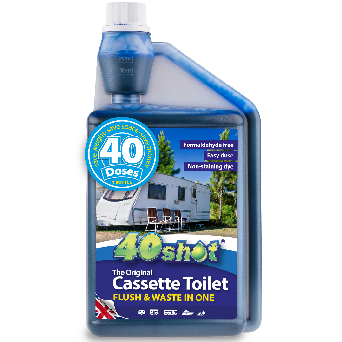 40 Shot Blue Cassette Toilet Fluid - 1 L Concentrate  2-in-1