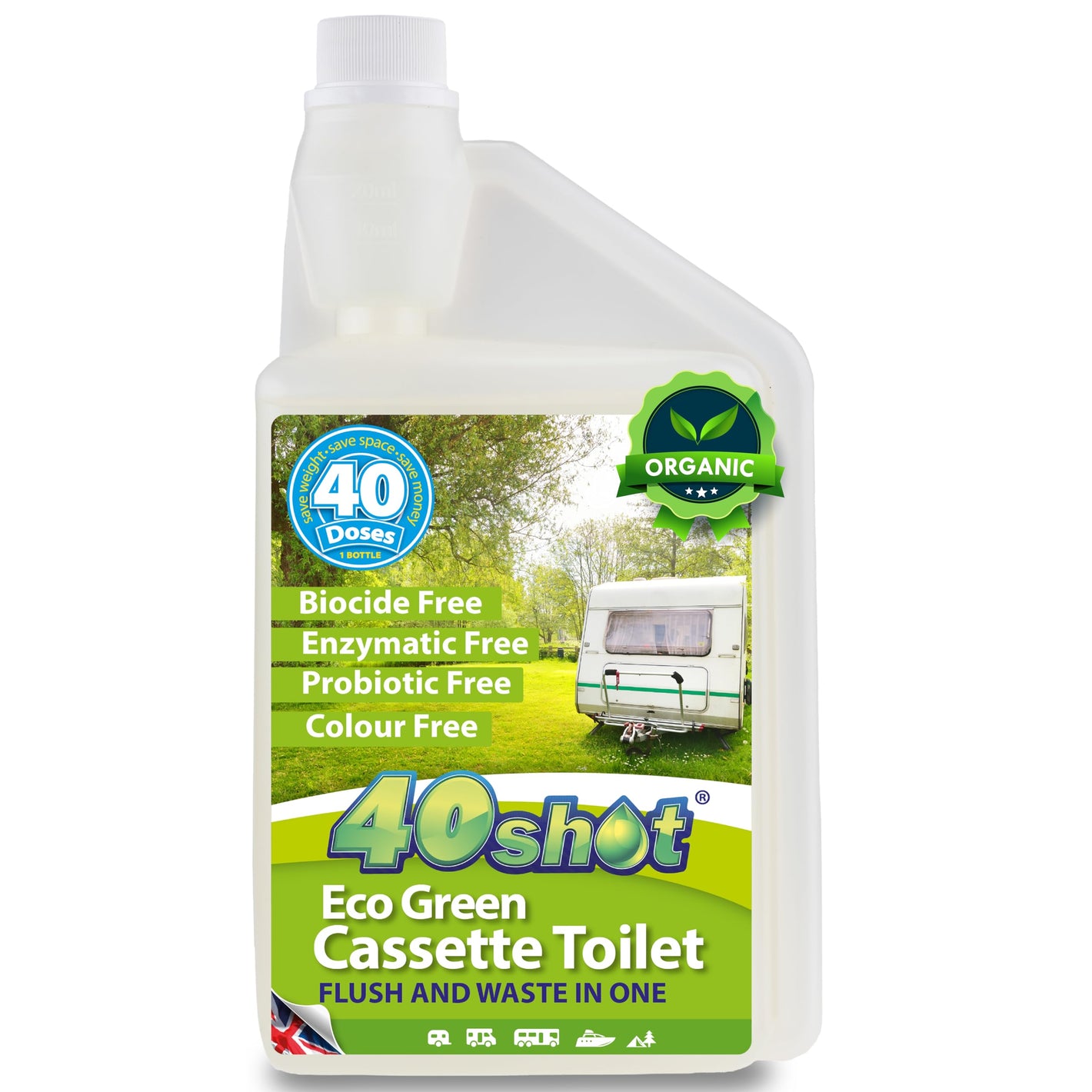 40Shot 2-in-1 Eco Green Organic Caravan Toilet Fluid 1L Concentrated Cassette